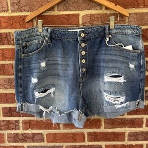 Kancan Denim Shorts Womens 3XL Blue Button‎ Front High Rise Rolled Cuff